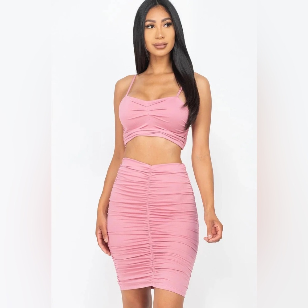 Candy Pink Ruched Crop Top & Skirt Set